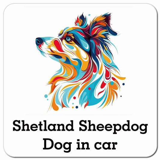 Dog in car Shetland Sheepdog シェットランドシープドッグ Eタイプ ポップアート風 車用 マグネット 13x13cm 正方形 カーマグネット 表示プレート