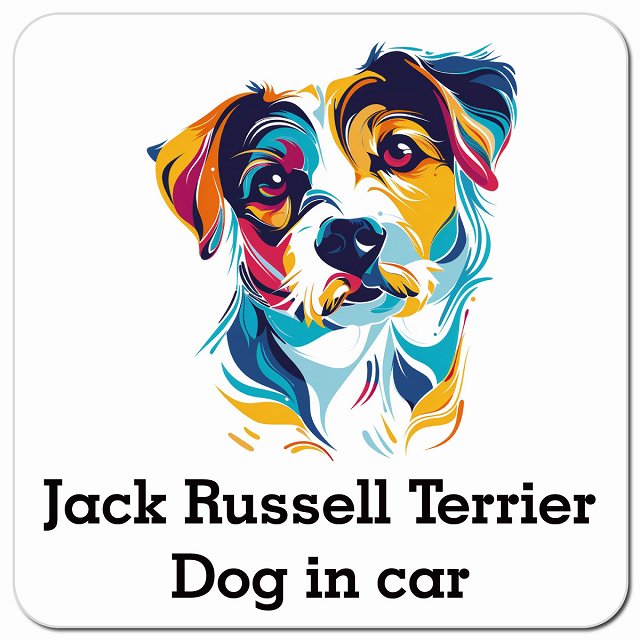 Dog in car Jack Russell Terrier ジャックラッセルテリア Dタイプ ポップアート風 車用 マグネット 13x13cm 正方形 カーマグネット 表示プレート