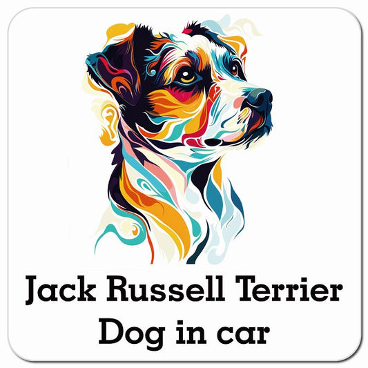 Dog in car Jack Russell Terrier ジャックラッセルテリア Eタイプ ポップアート風 車用 マグネット 13x13cm 正方形 カーマグネット 表示プレート