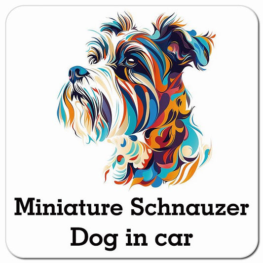 Dog in car Miniature Schnauzer ミニチュアシュナウザー Eタイプ ポップアート風 車用 マグネット 13x13cm 正方形 カーマグネット 表示プレート