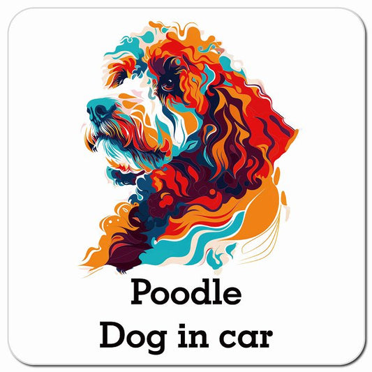 Dog in car Poodle プードル Eタイプ ポップアート風 車用 マグネット 13x13cm 正方形 カーマグネット 表示プレート