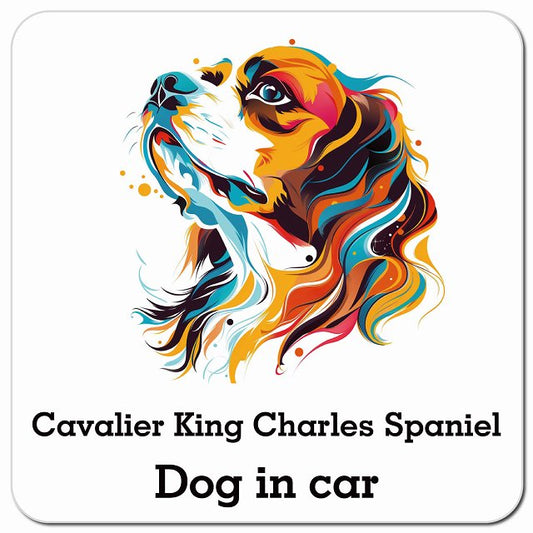 Dog in car Cavalier King Charles Spaniel キャバリアキングチャールズスパニエル Dタイプ ポップアート風 車用 マグネット 13x13cm 正方形 カーマグネット 表示プレート