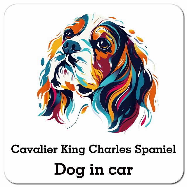 Dog in car Cavalier King Charles Spaniel キャバリアキングチャールズスパニエル Eタイプ ポップアート風 車用 マグネット 13x13cm 正方形 カーマグネット 表示プレート