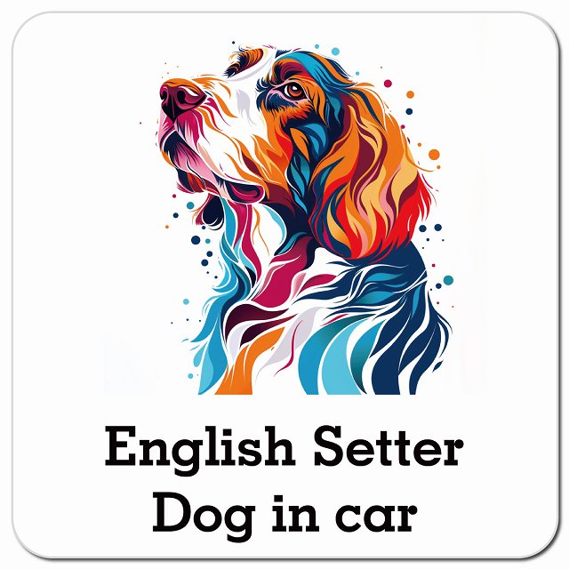 Dog in car English Setter イングリッシュセッター Dタイプ ポップアート風 車用 マグネット 13x13cm 正方形 カーマグネット 表示プレート