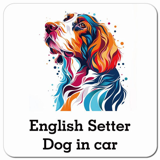Dog in car English Setter イングリッシュセッター Dタイプ ポップアート風 車用 マグネット 13x13cm 正方形 カーマグネット 表示プレート