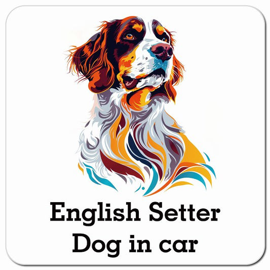 Dog in car English Setter イングリッシュセッター Eタイプ ポップアート風 車用 マグネット 13x13cm 正方形 カーマグネット 表示プレート