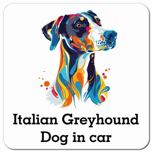 Dog in car Italian Greyhound イタリアングレーハウンド Dタイプ ポップアート風 車用 マグネット 13x13cm 正方形 カーマグネット 表示プレート