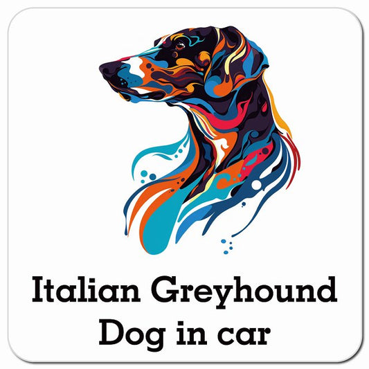 Dog in car Italian Greyhound イタリアングレーハウンド Eタイプ ポップアート風 車用 マグネット 13x13cm 正方形 カーマグネット 表示プレート