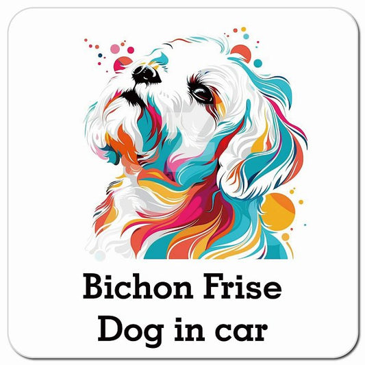 Dog in car Bichon Frise ビションフリーゼ Dタイプ ポップアート風 車用 マグネット 13x13cm 正方形 カーマグネット 表示プレート