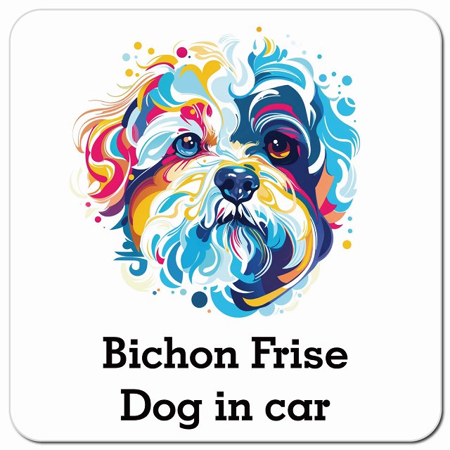 Dog in car Bichon Frise ビションフリーゼ Eタイプ ポップアート風 車用 マグネット 13x13cm 正方形 カーマグネット 表示プレート