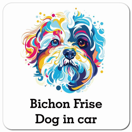 Dog in car Bichon Frise ビションフリーゼ Eタイプ ポップアート風 車用 マグネット 13x13cm 正方形 カーマグネット 表示プレート