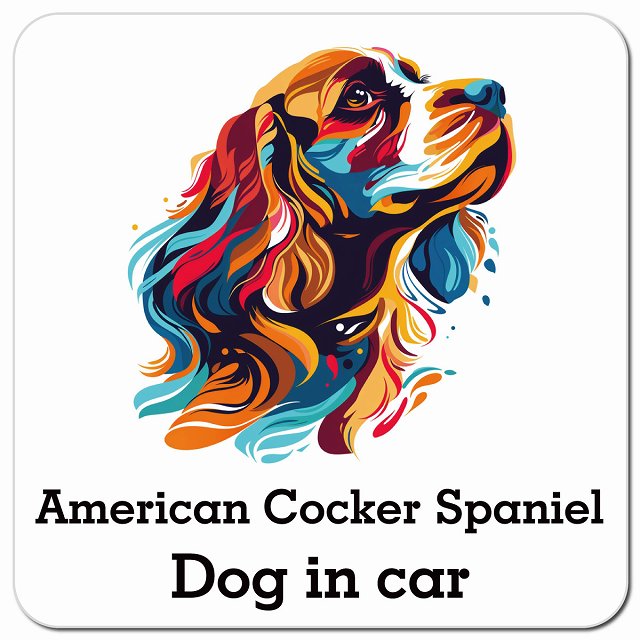 Dog in car American Cocker Spaniel アメリカンコッカースパニエル Eタイプ ポップアート風 車用 マグネット 13x13cm 正方形 カーマグネット 表示プレート