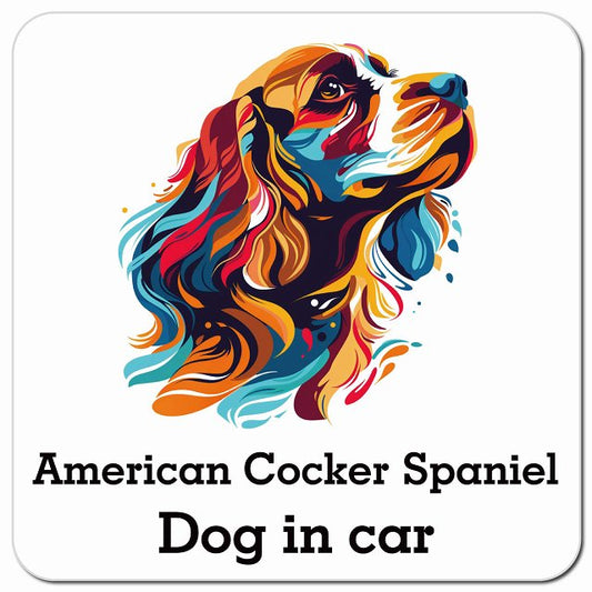 Dog in car American Cocker Spaniel アメリカンコッカースパニエル Eタイプ ポップアート風 車用 マグネット 13x13cm 正方形 カーマグネット 表示プレート