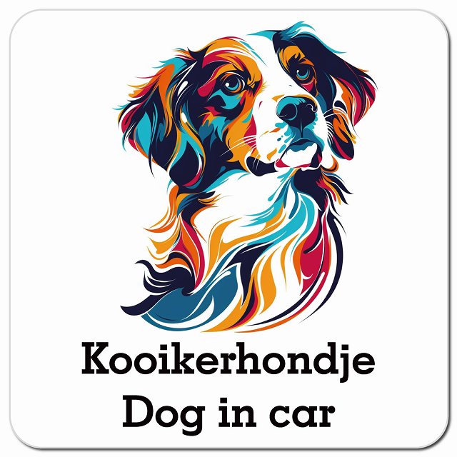 Dog in car Kooikerhondje コーイケルホーンディエ Dタイプ ポップアート風 車用 マグネット 13x13cm 正方形 カーマグネット 表示プレート