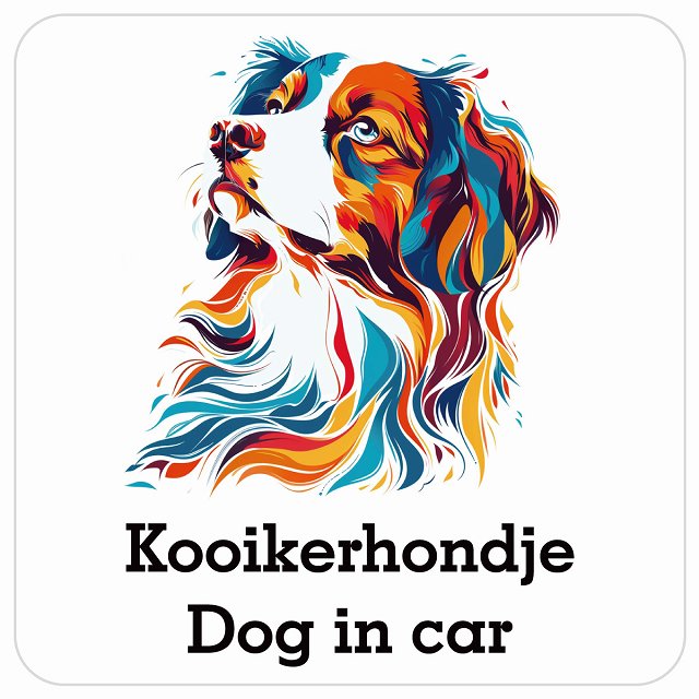 Dog in car Kooikerhondje コーイケルホーンディエ Eタイプ ポップアート風 車用 マグネット 13x13cm 正方形 カーマグネット 表示プレート
