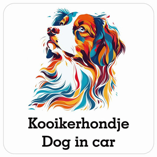 Dog in car Kooikerhondje コーイケルホーンディエ Eタイプ ポップアート風 車用 マグネット 13x13cm 正方形 カーマグネット 表示プレート