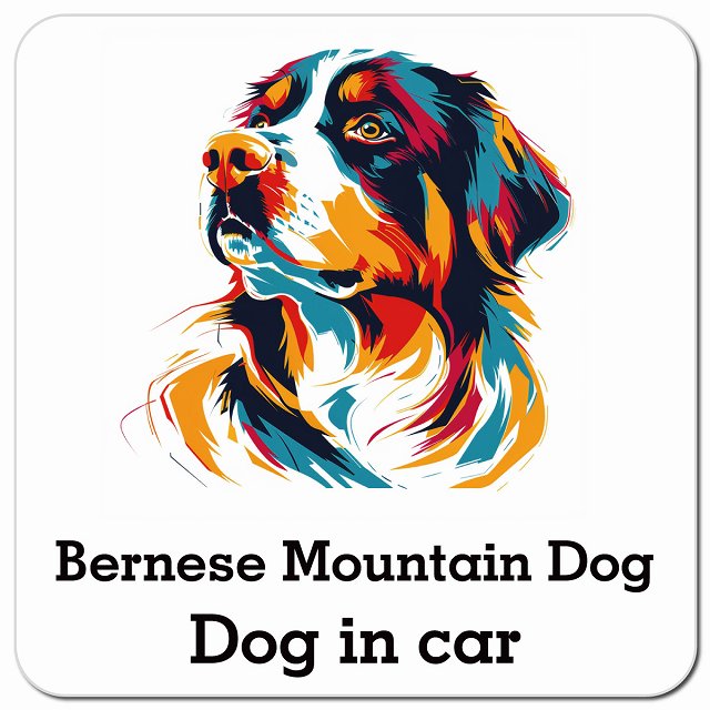 Dog in car Bernese Mountain バーニーズ・マウンテン・ドッグ Dタイプ ポップアート風 車用 マグネット 13x13cm 正方形 カーマグネット 表示プレート