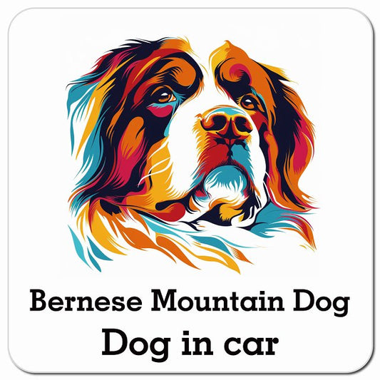 Dog in car Bernese Mountain バーニーズ・マウンテン・ドッグ Eタイプ ポップアート風 車用 マグネット 13x13cm 正方形 カーマグネット 表示プレート