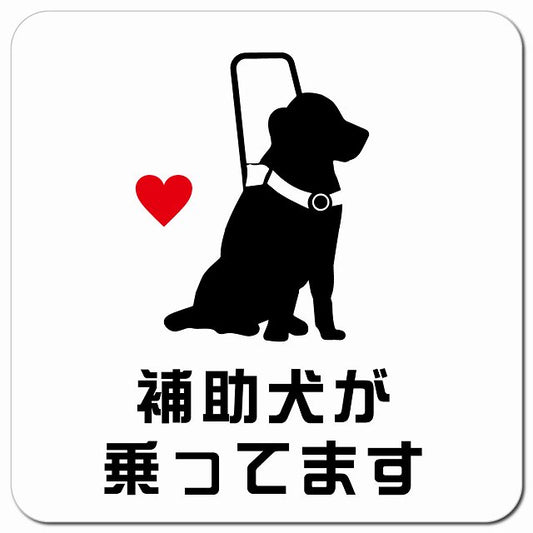 補助犬が乗ってます おすわり犬 AタイプハートAタイプ ホワイト車用 マグネット 13x13cm 正方形 カーマグネット 表示プレート
