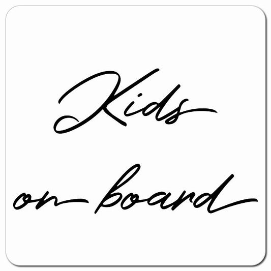 Kids on board 子供が乗ってます ホワイト シンプル 筆記体 車用 マグネット 13x13cm 正方形 カーマグネット