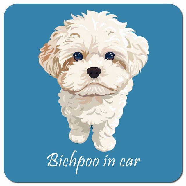 Dog in Car イラスト付 ビションプー Aタイプ 車用 マグネット 13x13cm 正方形 カーマグネット 表示プレート