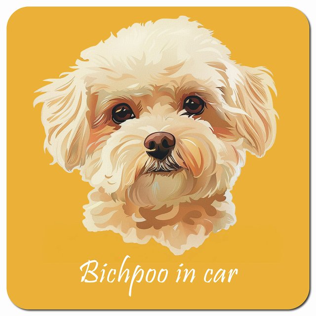 Dog in Car イラスト付 ビションプー Bタイプ 車用 マグネット 13x13cm 正方形 カーマグネット 表示プレート