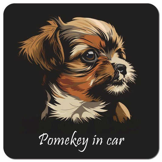 Dog in Car イラスト付 ポメキー Aタイプ 車用 マグネット 13x13cm 正方形 カーマグネット 表示プレート