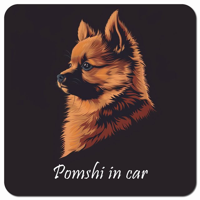 Dog in Car イラスト付 ポメ柴 Aタイプ 車用 マグネット 13x13cm 正方形 カーマグネット 表示プレート