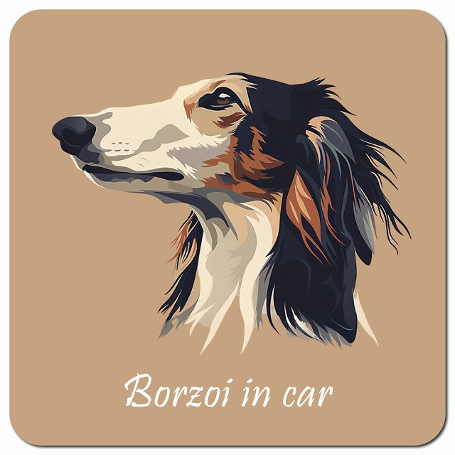 Dog in Car イラスト付 ボルゾイ Aタイプ 車用 マグネット 13x13cm 正方形 カーマグネット 表示プレート