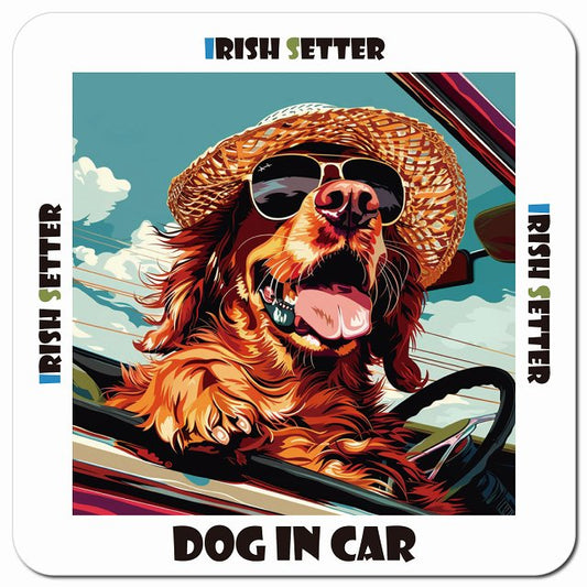 Dog in car 海 麦わら帽子 サングラス Irish Setter アイリッシュセター車用 マグネット 13x13cm 正方形 カーマグネット 表示プレート
