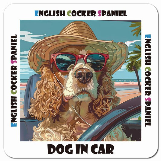 Dog in car 海 麦わら帽子 サングラス English Cocker Spaniel イングリッシュコッカースパニエル車用 マグネット 13x13cm 正方形 カーマグネット 表示プレート