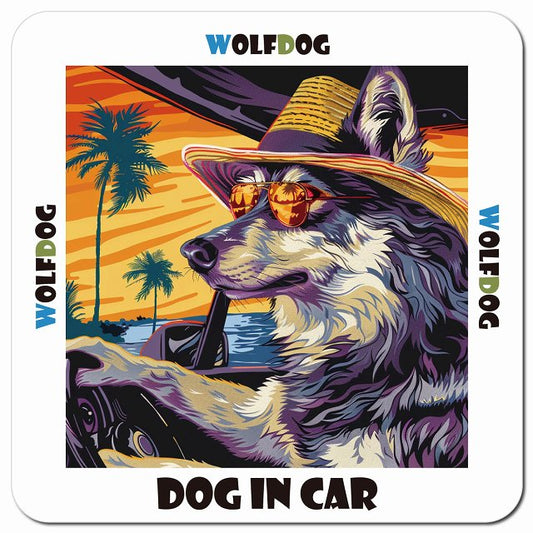Dog in car 海 麦わら帽子 サングラス Wolfdog ウルフドッグ車用 マグネット 13x13cm 正方形 カーマグネット 表示プレート