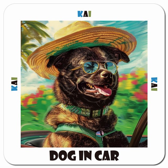 Dog in car 海 麦わら帽子 サングラス Kai 甲斐犬車用 マグネット 13x13cm 正方形 カーマグネット 表示プレート