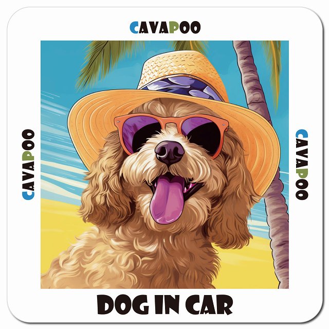 Dog in car 海 麦わら帽子 サングラス Cavapoo キャバプー車用 マグネット 13x13cm 正方形 カーマグネット 表示プレート