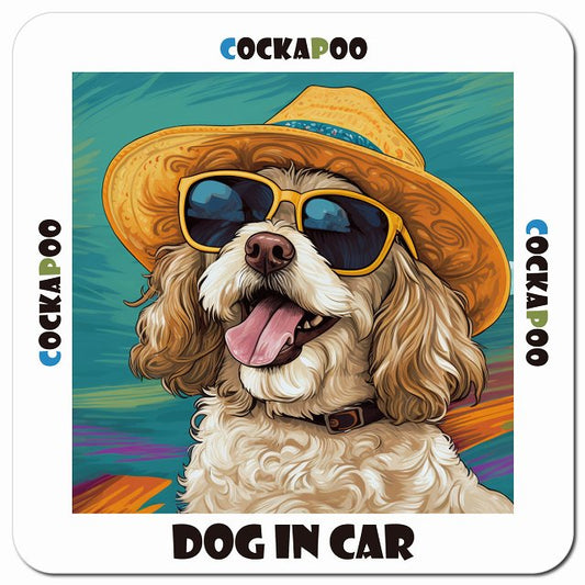 Dog in car 海 麦わら帽子 サングラス Cockapoo コッカプー車用 マグネット 13x13cm 正方形 カーマグネット 表示プレート