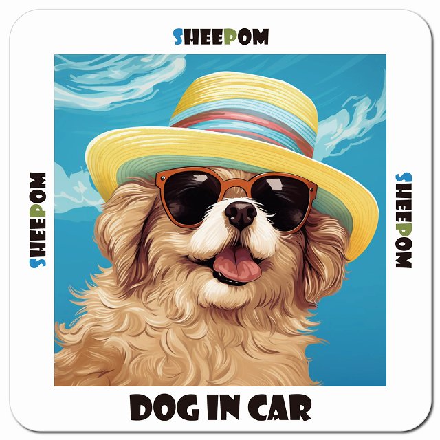 Dog in car 海 麦わら帽子 サングラス Sheepom シーポメ車用 マグネット 13x13cm 正方形 カーマグネット 表示プレート