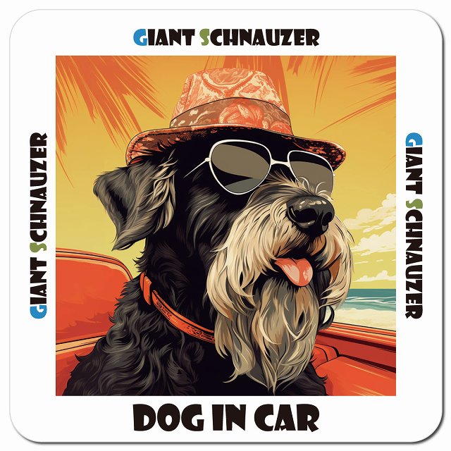 Dog in car 海 麦わら帽子 サングラス Giant Schnauzer ジャイアントシュナウザー車用 マグネット 13x13cm 正方形 カーマグネット 表示プレート