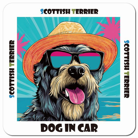 Dog in car 海 麦わら帽子 サングラス Scottish Terrier スコティッシュテリア車用 マグネット 13x13cm 正方形 カーマグネット 表示プレート