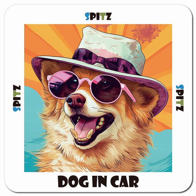 Dog in car 海 麦わら帽子 サングラス Spitz スピッツ車用 マグネット 13x13cm 正方形 カーマグネット 表示プレート