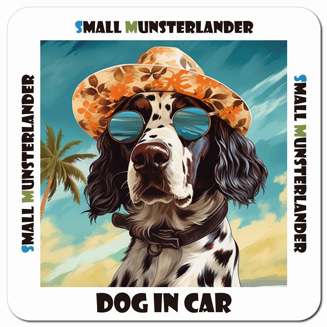 Dog in car 海 麦わら帽子 サングラス Small Munsterlander スモールミュンスターレンダー車用 マグネット 13x13cm 正方形 カーマグネット 表示プレート