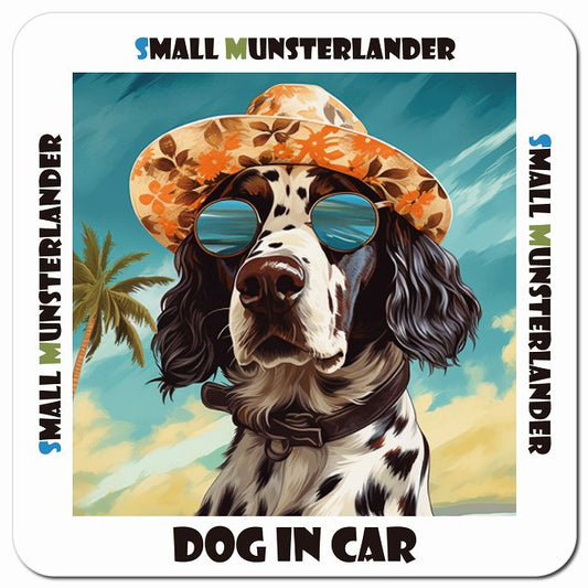 Dog in car 海 麦わら帽子 サングラス Small Munsterlander スモールミュンスターレンダー車用 マグネット 13x13cm 正方形 カーマグネット 表示プレート