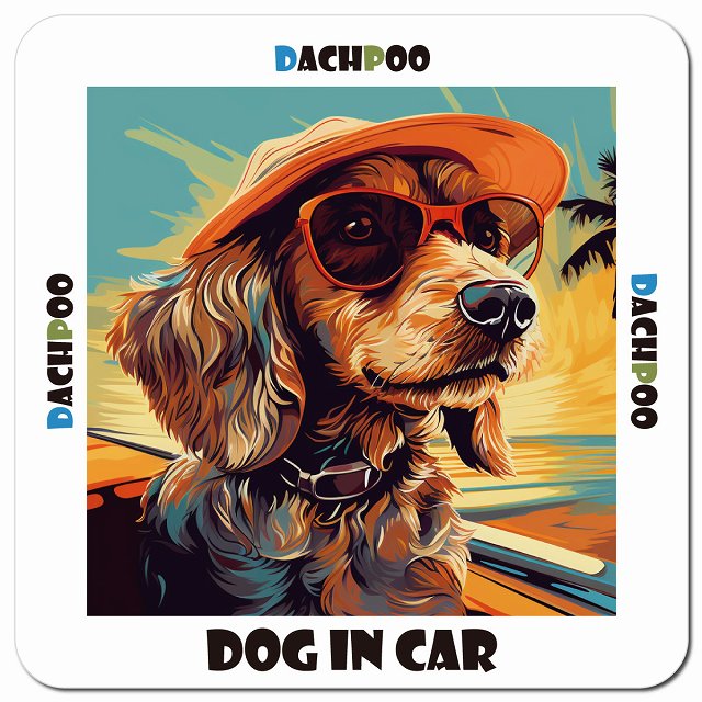 Dog in car 海 麦わら帽子 サングラス Dachpoo ダップー車用 マグネット 13x13cm 正方形 カーマグネット 表示プレート