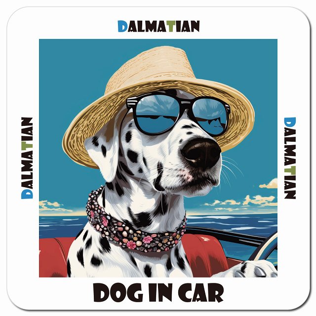 Dog in car 海 麦わら帽子 サングラス Dalmatian ダルメシアン車用 マグネット 13x13cm 正方形 カーマグネット 表示プレート