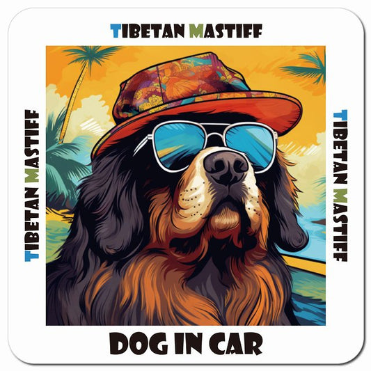 Dog in car 海 麦わら帽子 サングラス Tibetan Mastiff チベタンマスティフ車用 マグネット 13x13cm 正方形 カーマグネット 表示プレート