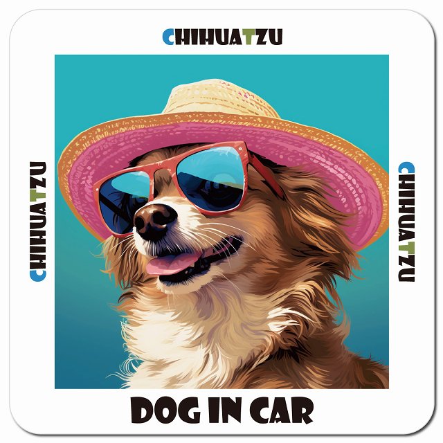Dog in car 海 麦わら帽子 サングラス Chihuatzu チワズー車用 マグネット 13x13cm 正方形 カーマグネット 表示プレート
