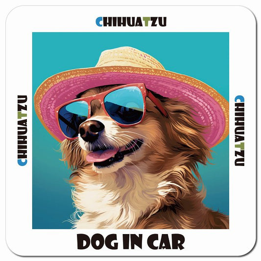 Dog in car 海 麦わら帽子 サングラス Chihuatzu チワズー車用 マグネット 13x13cm 正方形 カーマグネット 表示プレート
