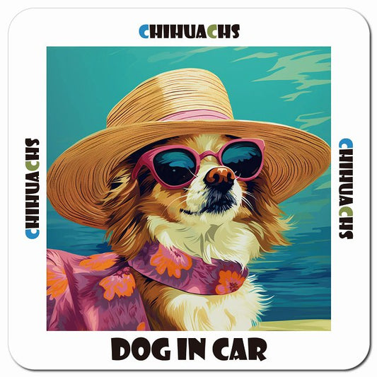 Dog in car 海 麦わら帽子 サングラス Chihuachs チワックス車用 マグネット 13x13cm 正方形 カーマグネット 表示プレート