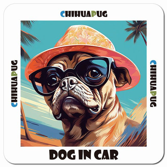 Dog in car 海 麦わら帽子 サングラス Chihuapug チワパグ車用 マグネット 13x13cm 正方形 カーマグネット 表示プレート