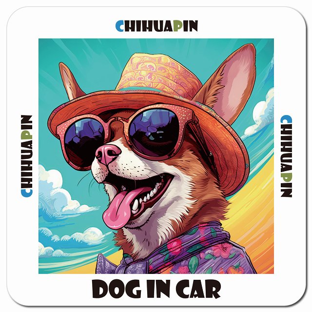 Dog in car 海 麦わら帽子 サングラス Chihuapin チワピン車用 マグネット 13x13cm 正方形 カーマグネット 表示プレート