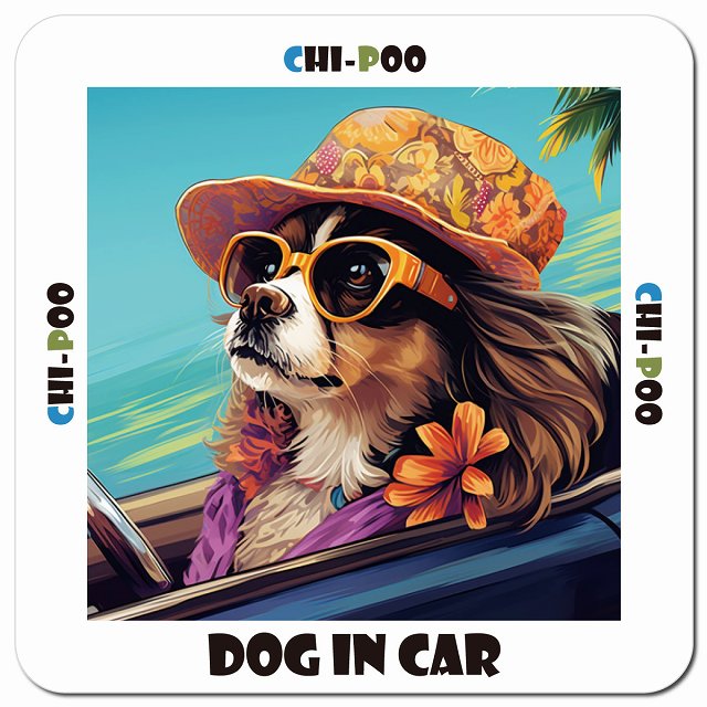 Dog in car 海 麦わら帽子 サングラス Chi-Poo チワプー車用 マグネット 13x13cm 正方形 カーマグネット 表示プレート